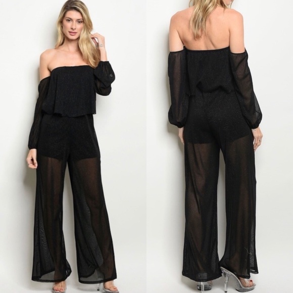 NWT Sexy Sheer Black Off Shoulder Romper Womens Small Mesh Long Sleeve Clubwear - Picture 2 of 3
